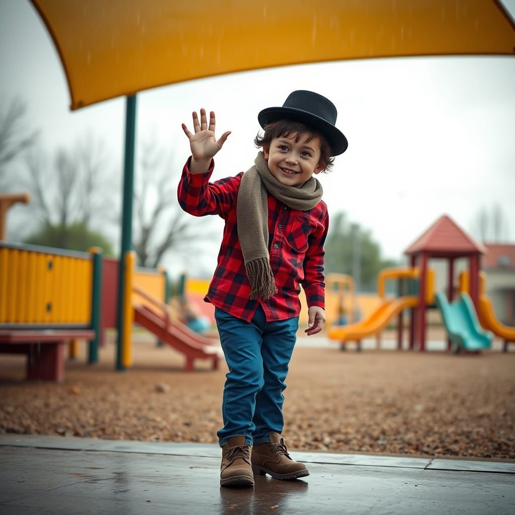 Young Ultra-Orthodox Boy Waves Hello in a Vibrant Playground...