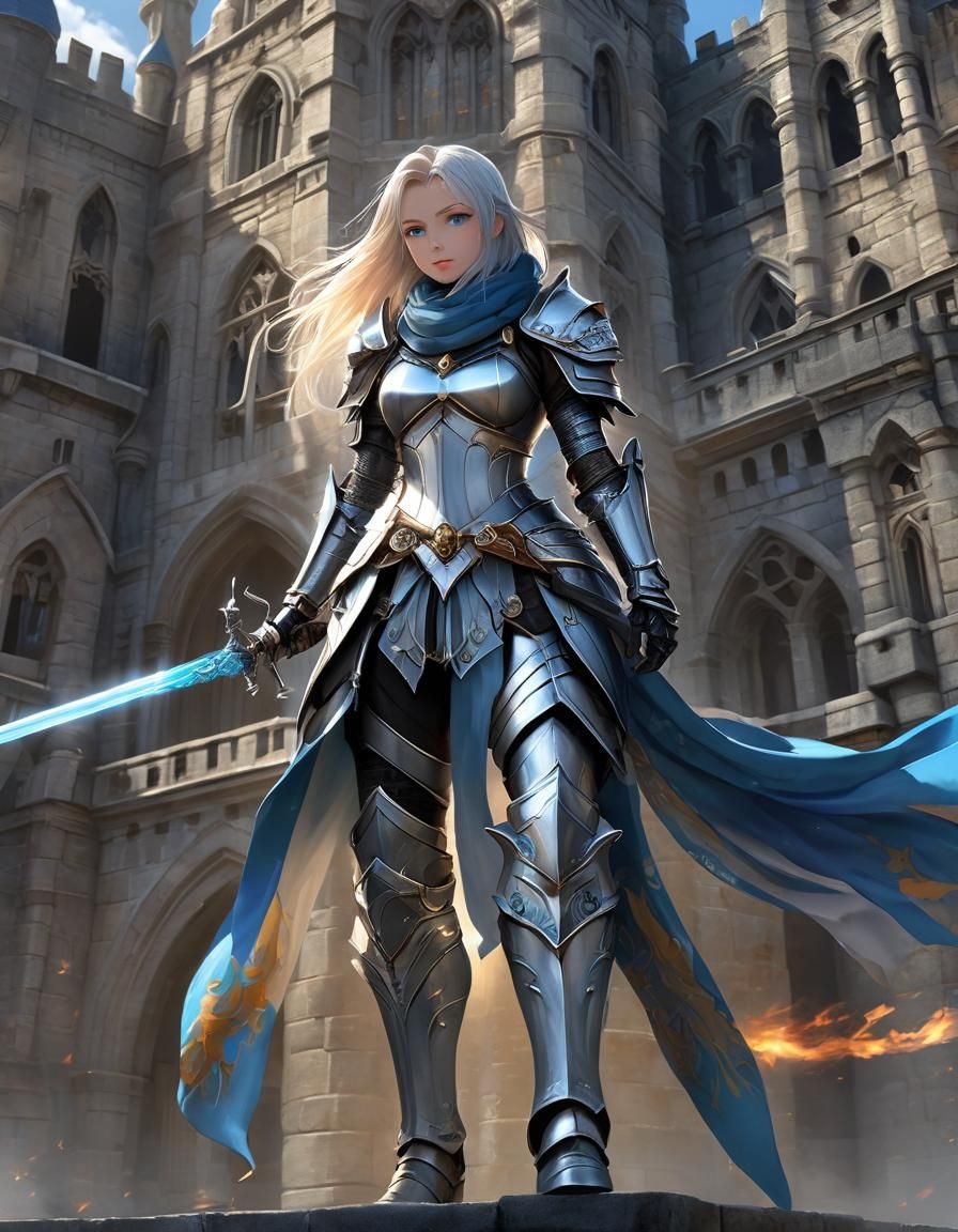 Anime Knight Guarding Castle with Fiery Swords