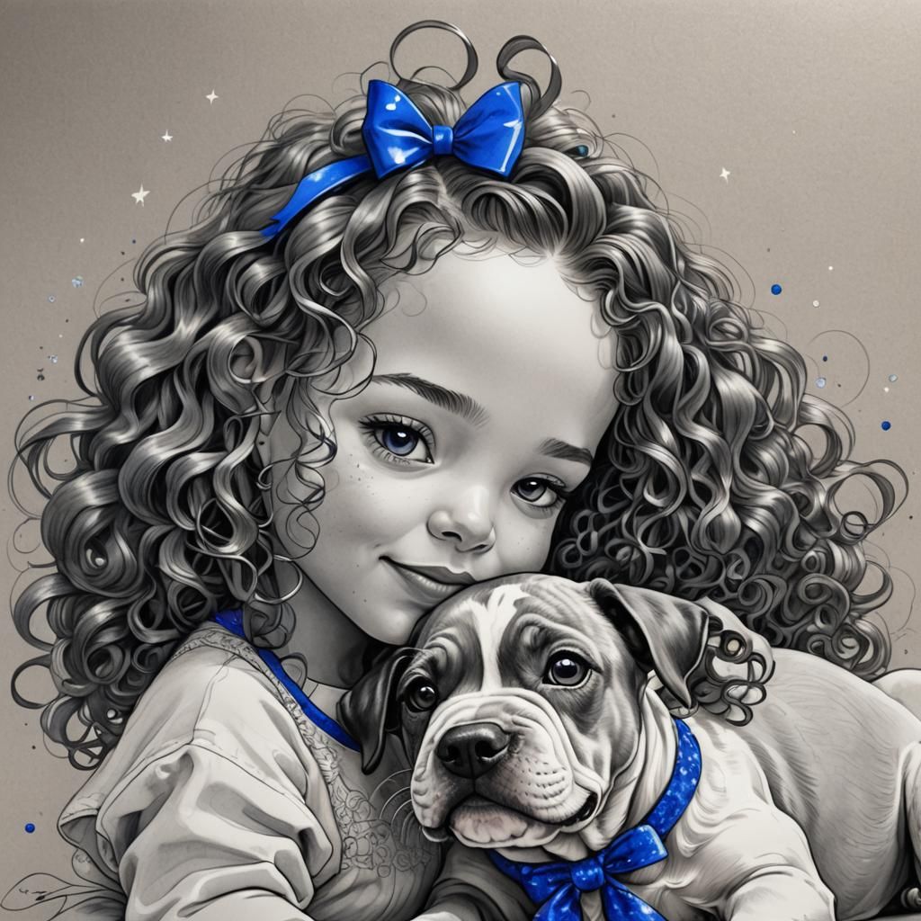 Whimsical Pencil Drawing of Girl with Puppy
