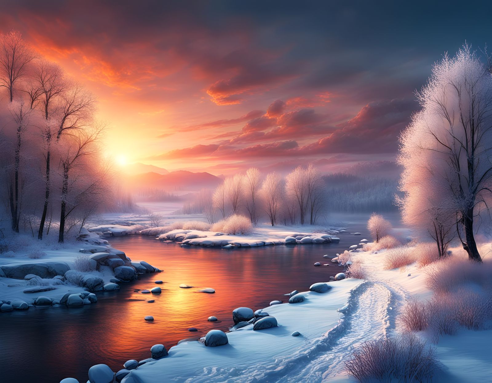 Winter River Sunset: Detailed Matte Painting in 8k