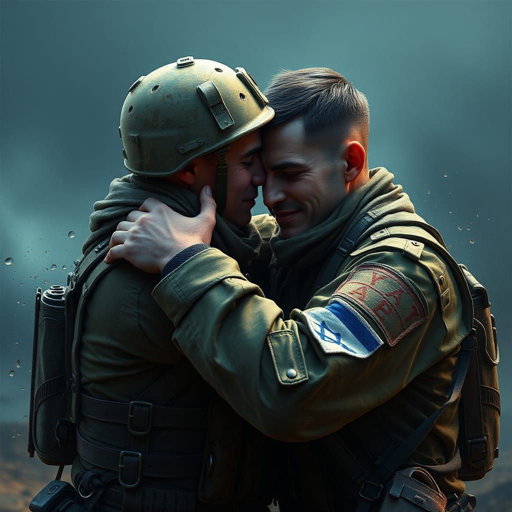 Emotional Embrace: Israeli Soldier Brothers in Matte Paintin...