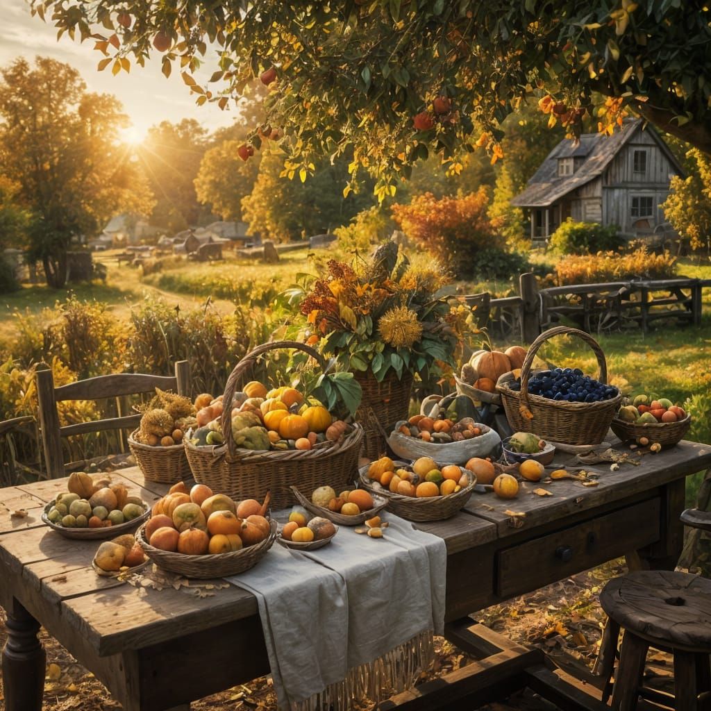 Autumn Harvest Scene with Baskets of Produce