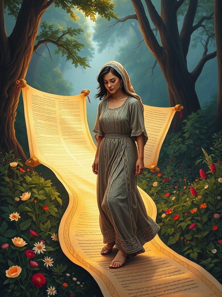 Woman Walking with Torah Scroll in Vibrant Gouache Style