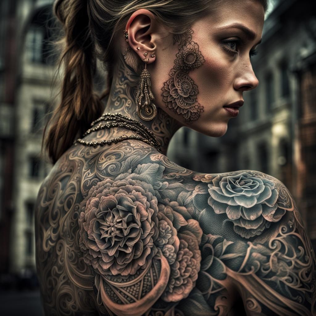 Detailed Tattoos on Body in Hyperrealistic Style