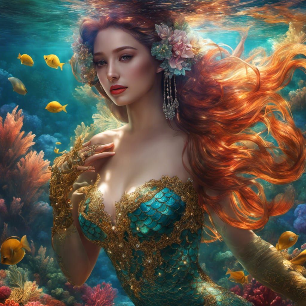 Mermaid in Intricate Dress Underwater: Photorealistic Fantas...