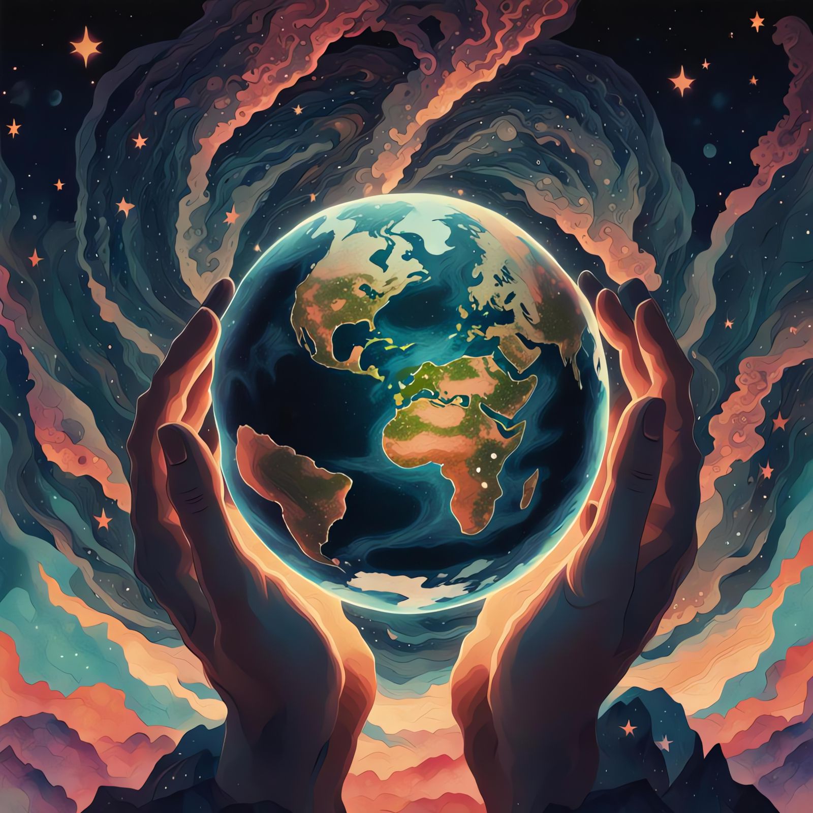 Cosmic Hands Hold Earth: Anime Silhouette Art