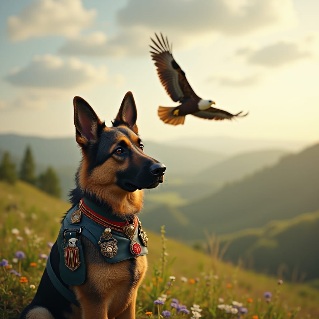 A patriotic German Shepherd, wearing a miniature, stylized m...