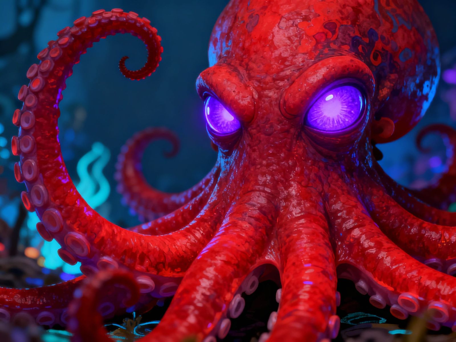 Vibrant Red Tentacles with Glowing Purple Eyes