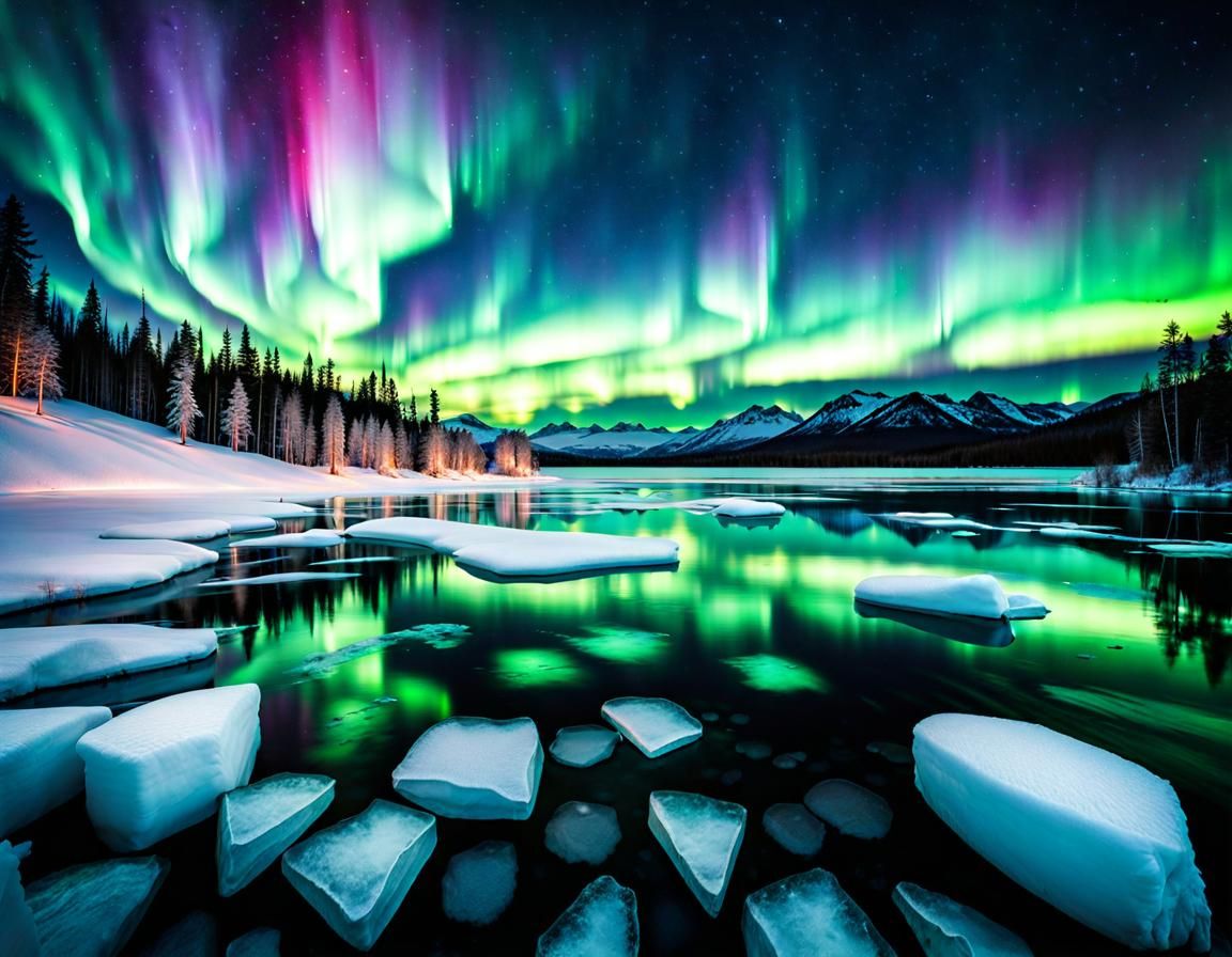 Aurora Borealis Over Frozen Lake: Digital Art