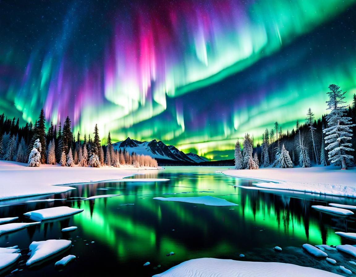 Aurora Borealis Reflection Over Frozen Lake: Fantasy Art