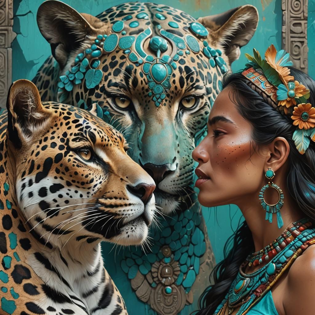 Jaguar's Affection: Mayan Woman in Turquoise