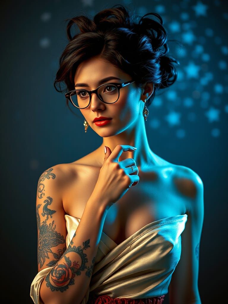 A captivating woman with intricate tattoos adorning her arms...