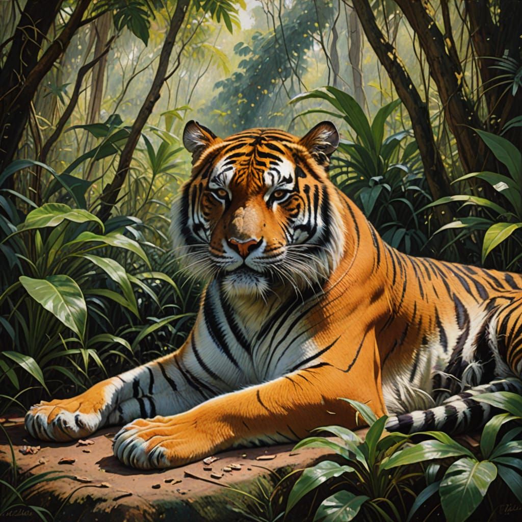 Tiger in Serene Jungle Scene, Oil Painting Style