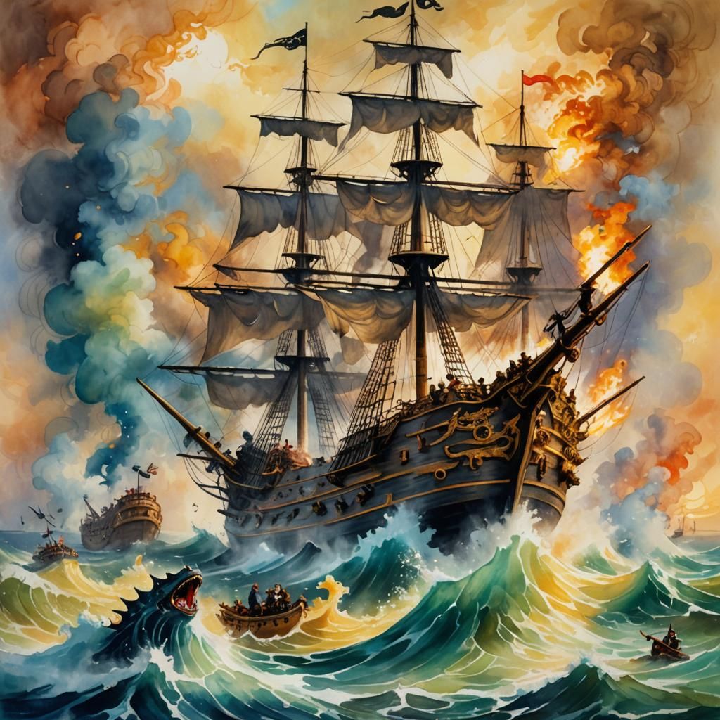 Pirate Ship Battle: Impressionist Gouache and Watercolor