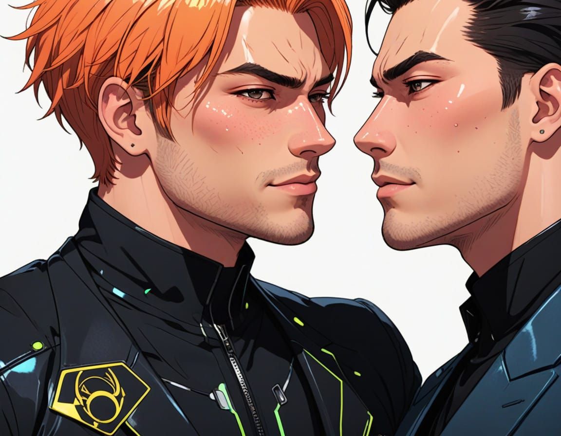 Sultry Gay Anime Couple in Neon Cyber Nightclub
