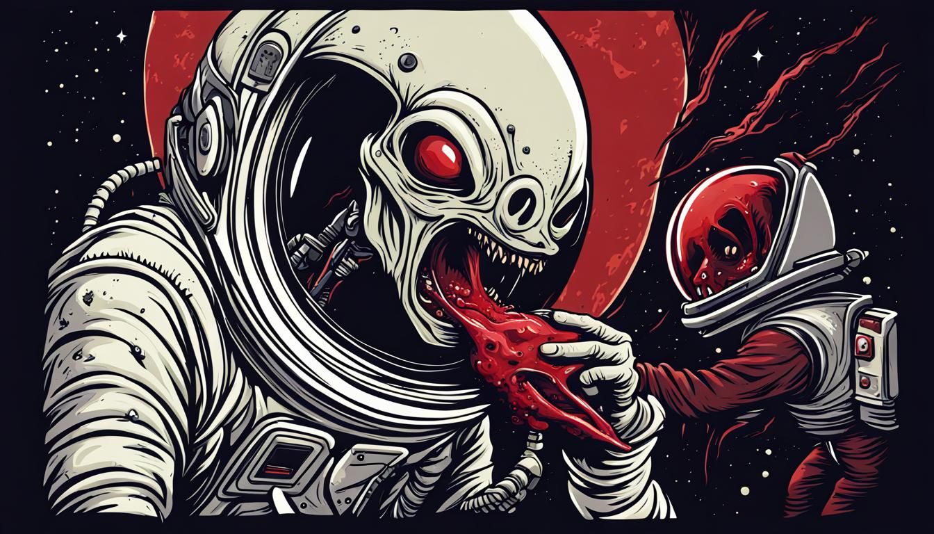 Alien Vampire Bites Astronaut in Spaceship Horror Scene