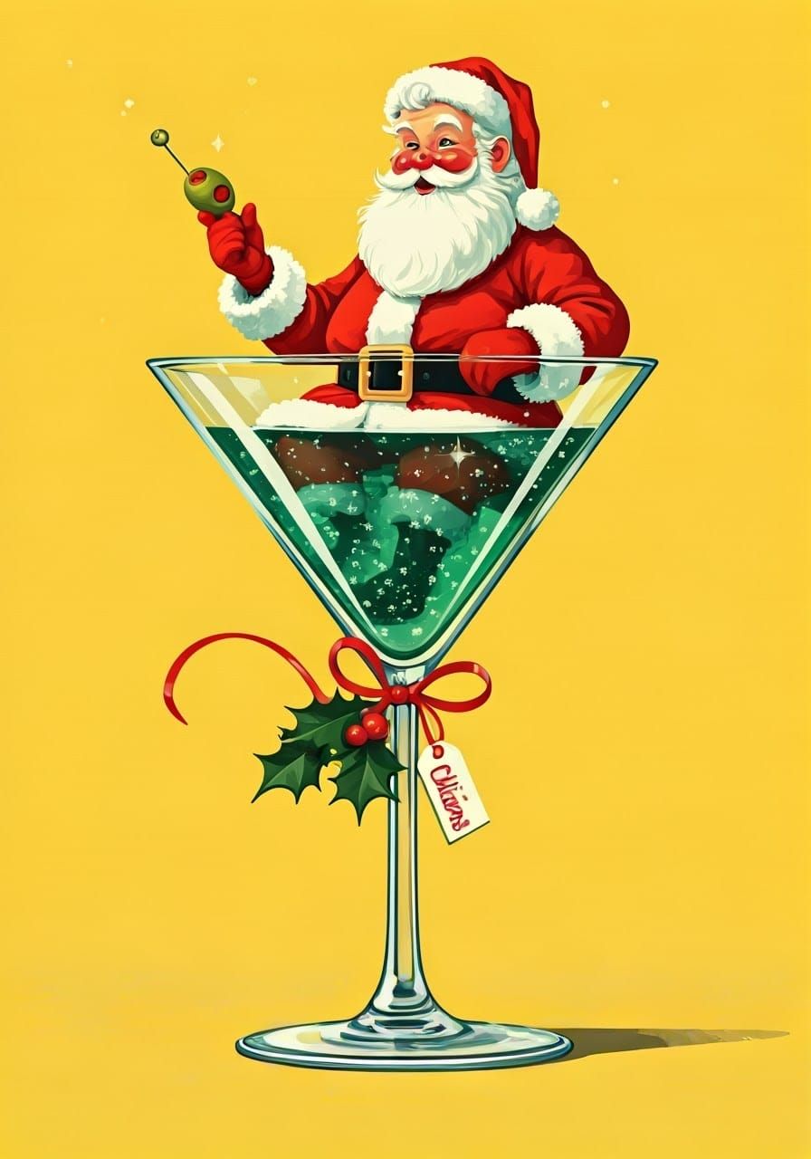 Retro Santa Claus Toasts Holiday Cheer in Vintage Christmas....