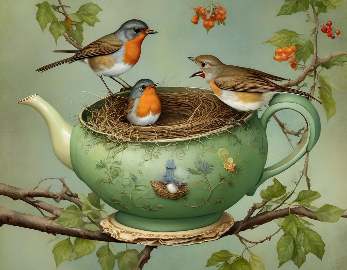 Robin Family in Teapot Nest: Storybook Illustration