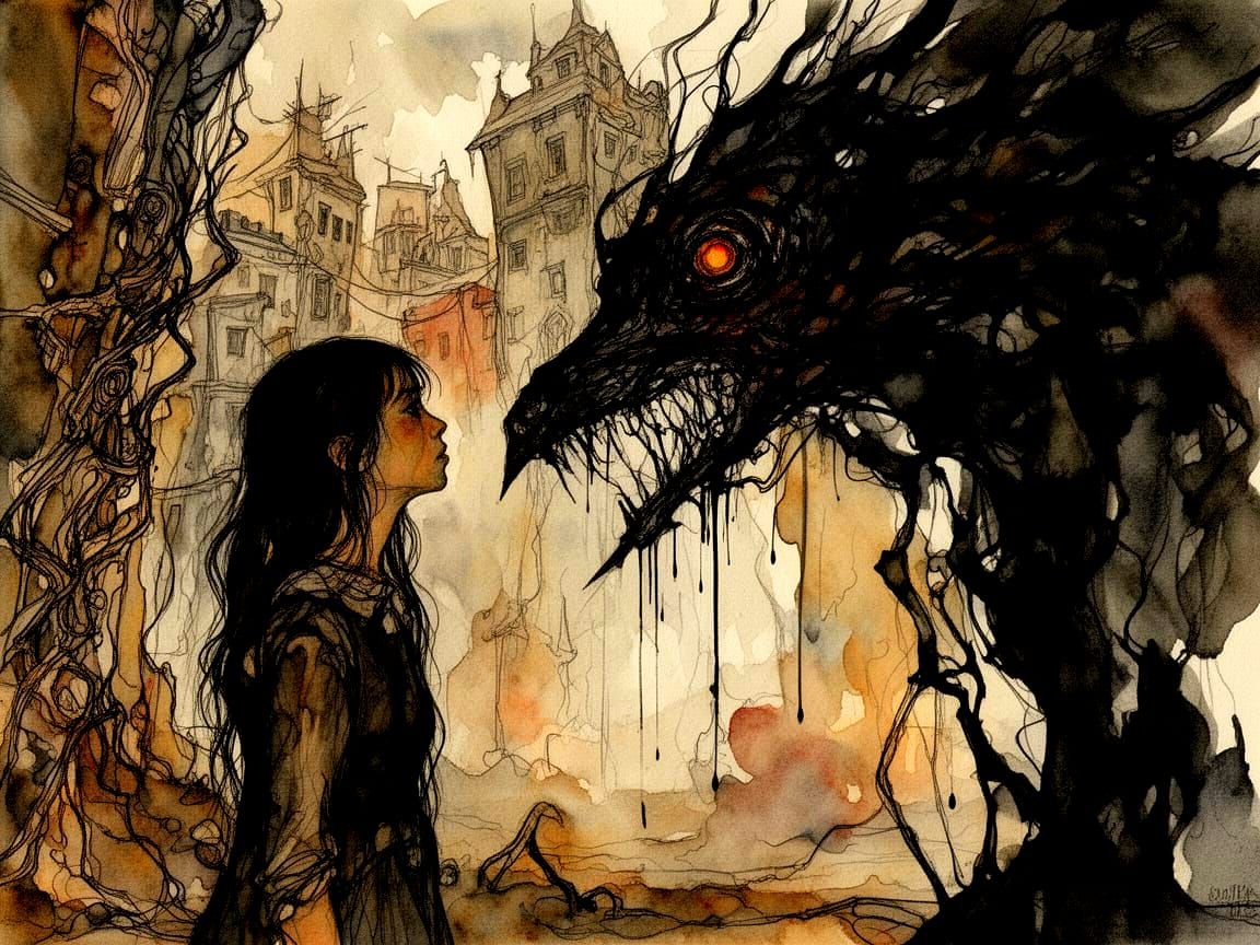 Girl Confronts Ink Creature in Moody Fantasy