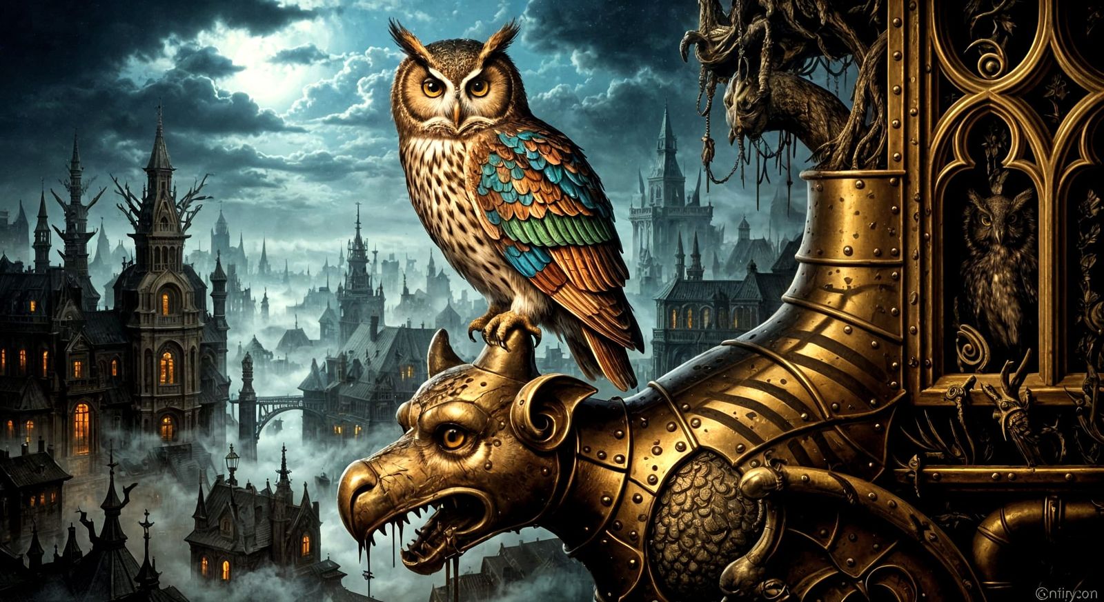 Owl On Gargoyle Over Victorian Cityscape