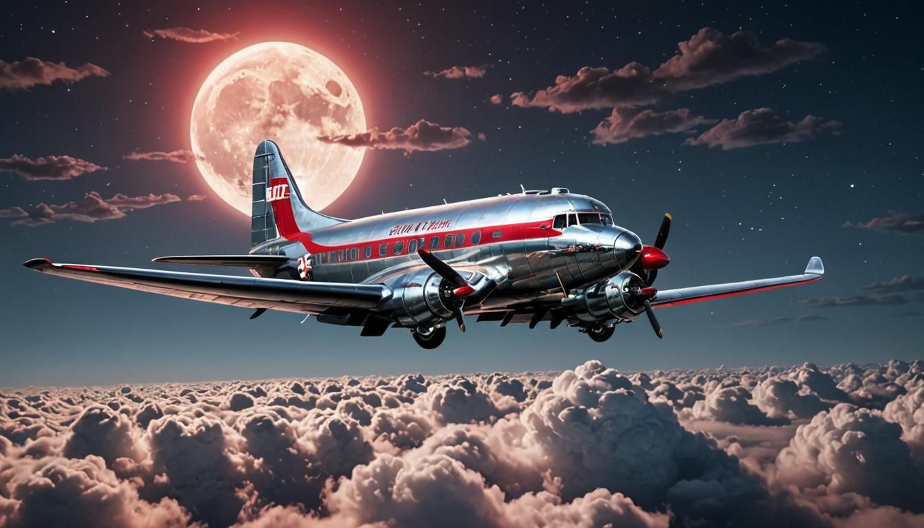 DC-3 Prop Plane Flies Over Moonlit Clouds