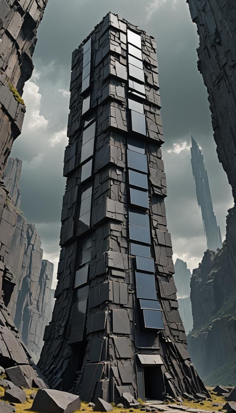 Wizard Tower with Solar Panels in Glitch Art Style