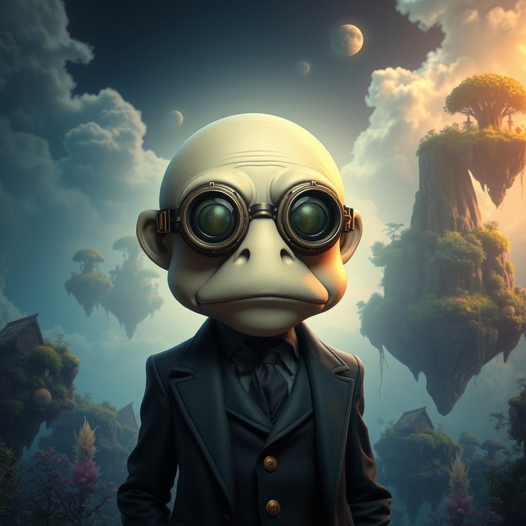 Steampunk Scholar in a Dreamlike Landscape