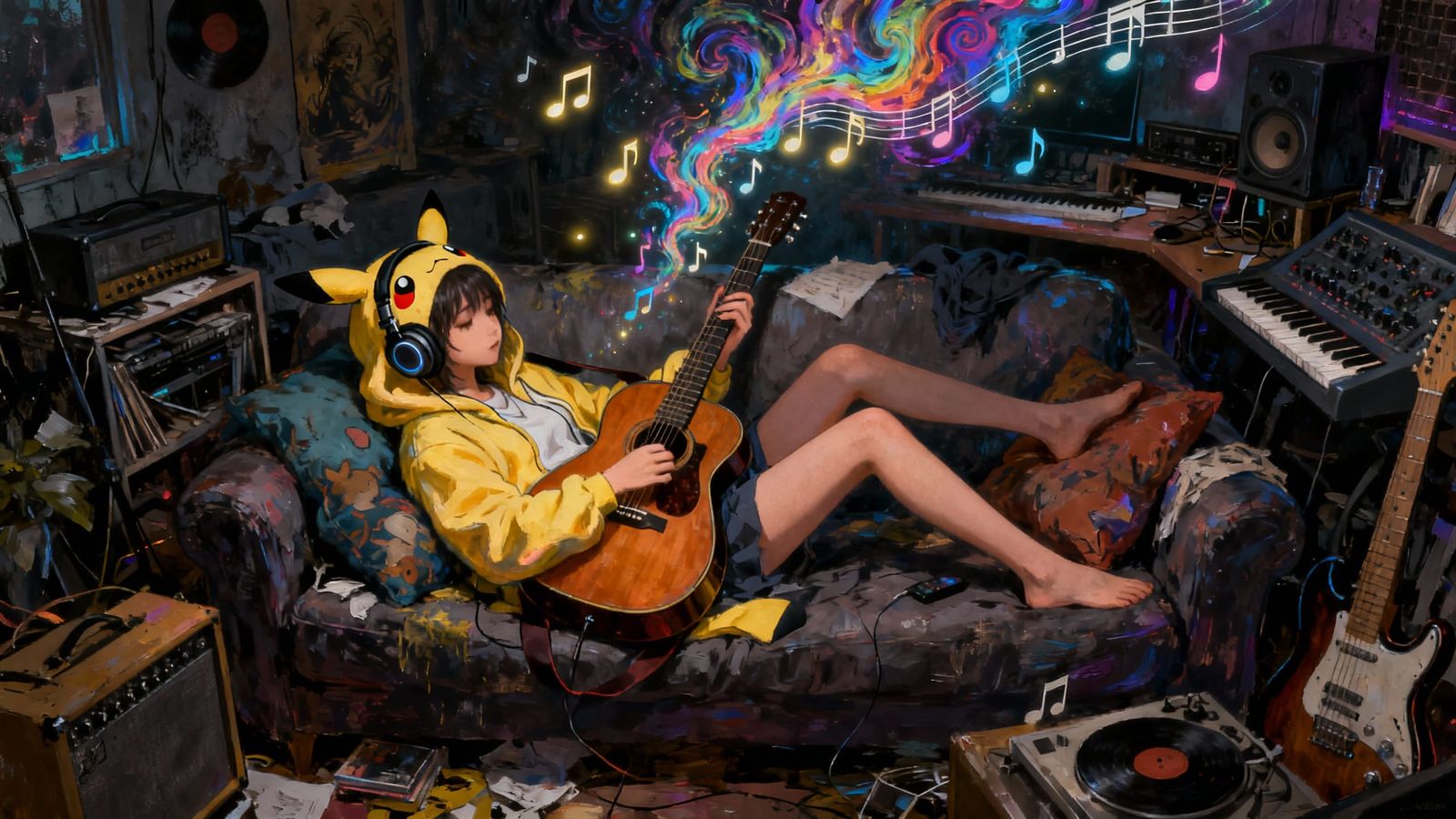 Teen Girl Relaxed in Music Studio with Pokemon Hoody