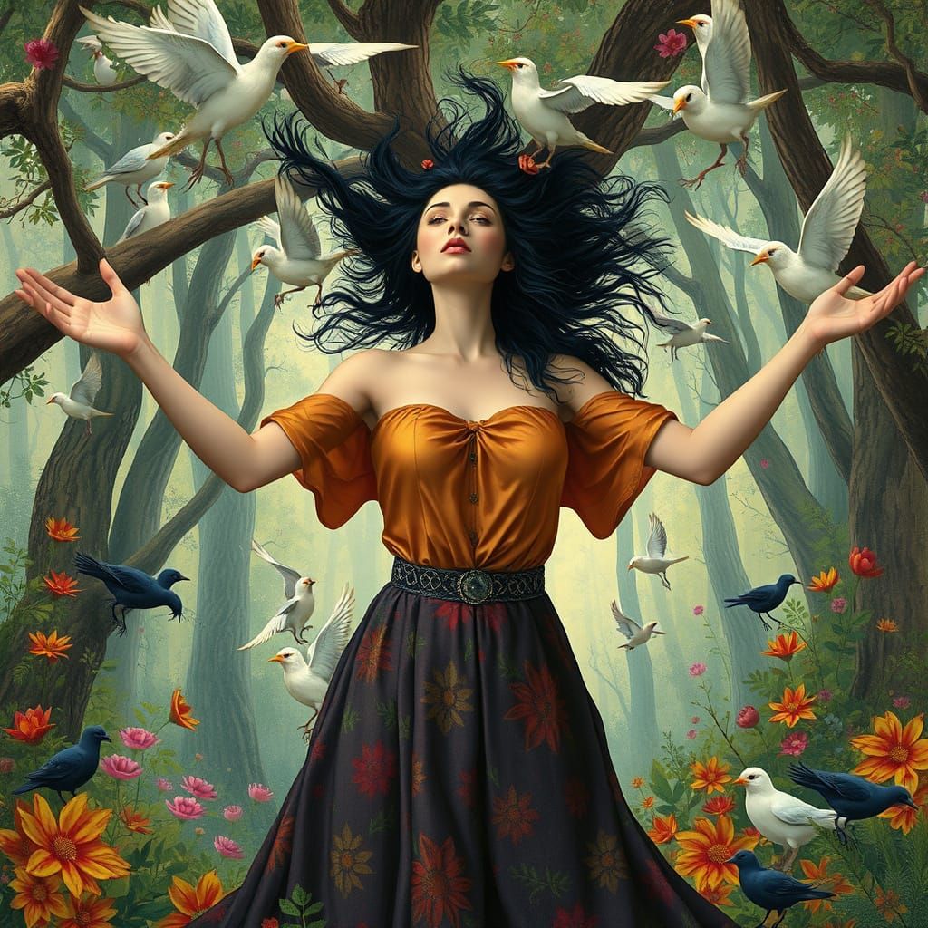 Woman Surrounded by Birds in Whimsical Forest