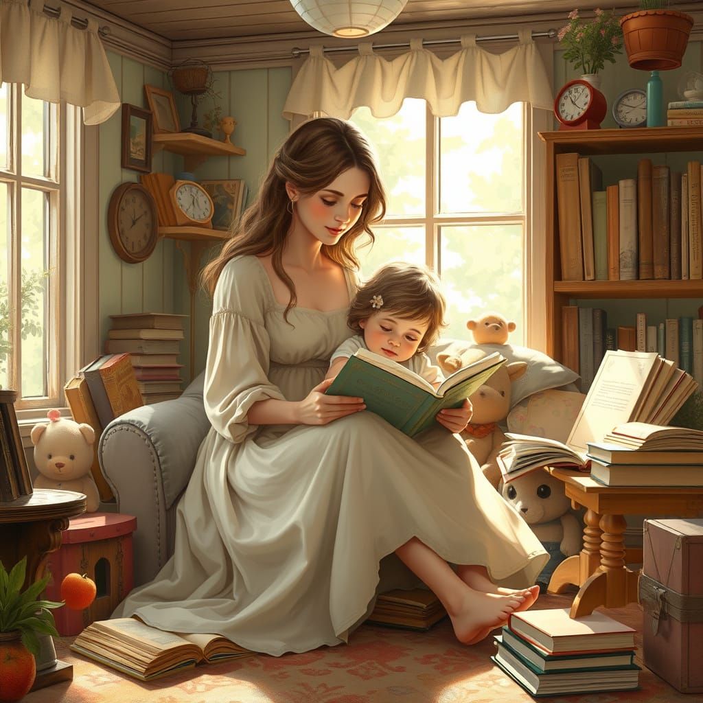 Cozy Mother and Child Reading, Digital Art