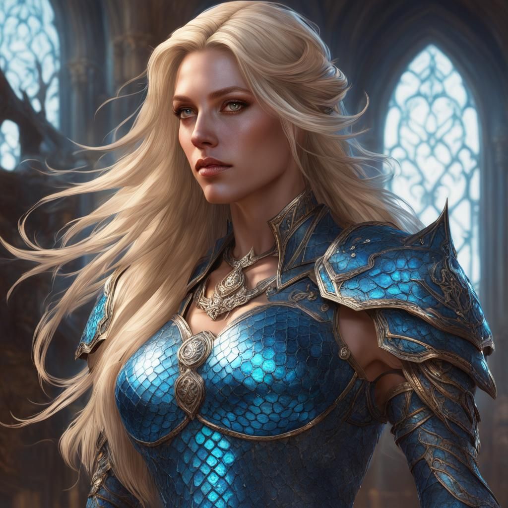 Blond Witch in Snakeskin Armor: Digital Art Portrait
