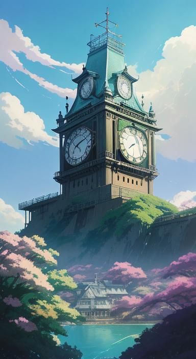 Double Exposure Postcard Clock and Sparrow in Anime Style