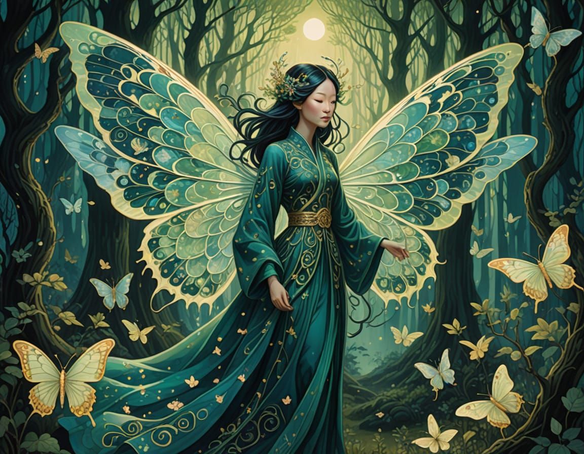 Ethereal Moth Spirit in an Enchanted Forest Glows with Iride...