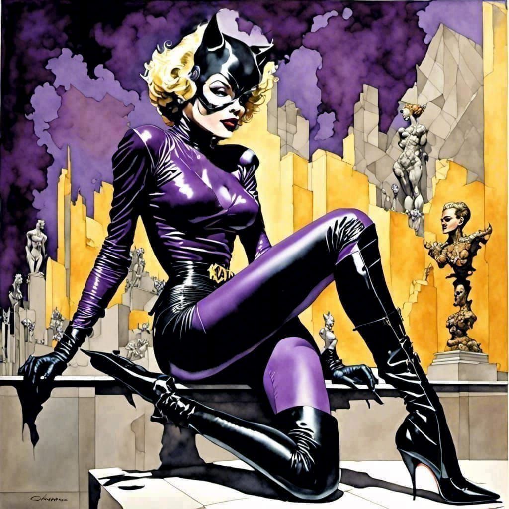 Marilyn Monroe as Catwoman in Shadowy Watercolor