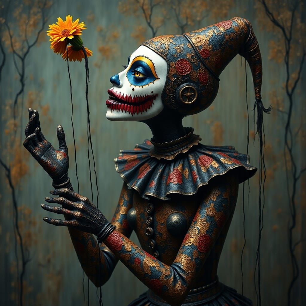 Macabre Harlequin Marionette in Dark, Muted Elegance