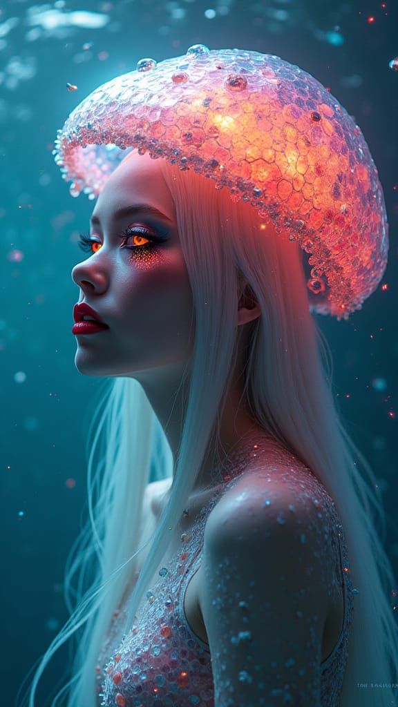 Bioluminescent Jellyfish Deity in Underwater Digital Paintin...