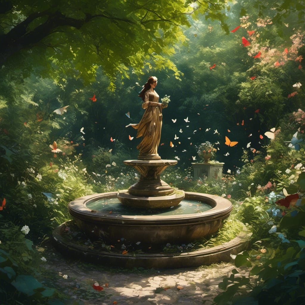 Overgrown Victorian Garden Fountain in Anime Style