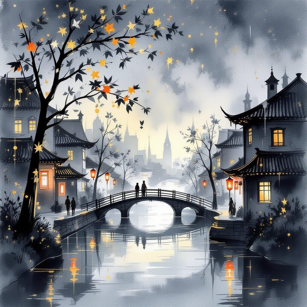 Town's River Bridge at Twilight: Watercolor Minimalism