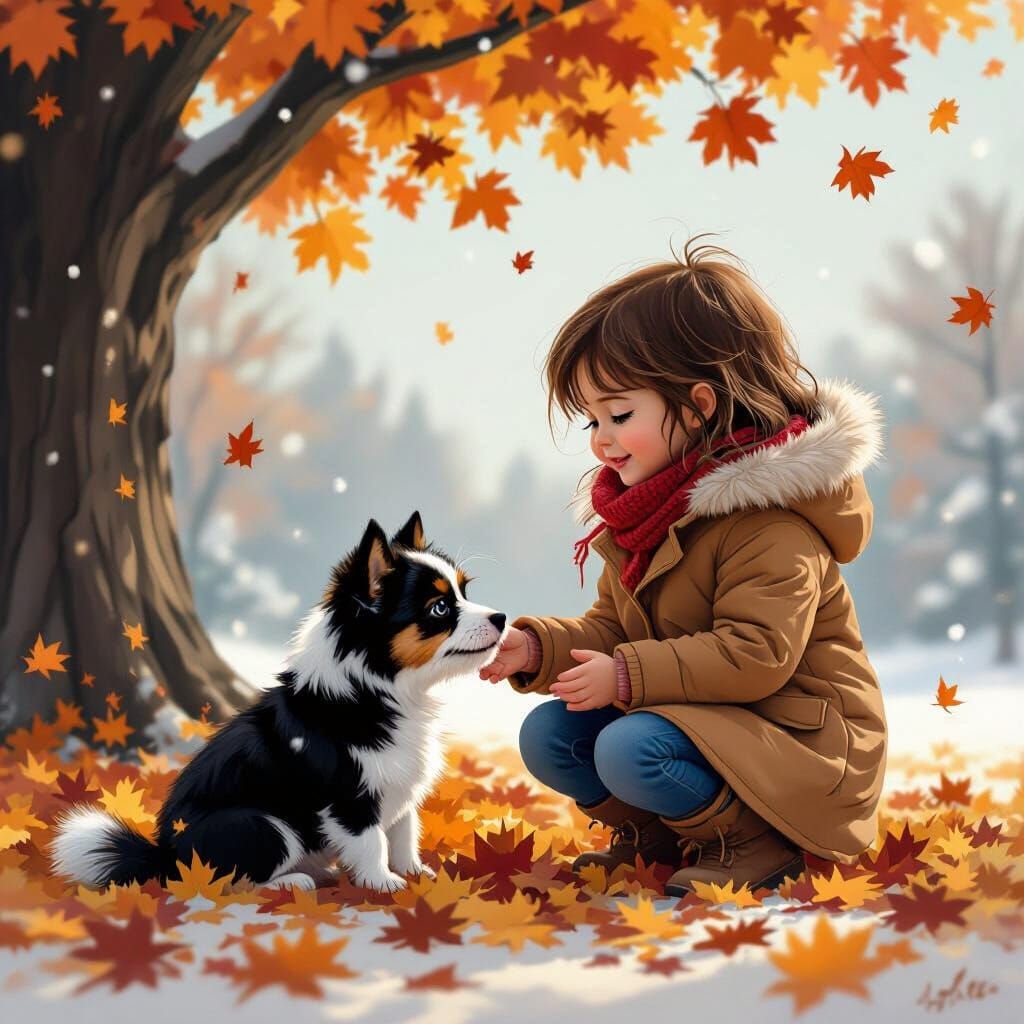 Girl and Dog Playing Under Autumn Tree: Matte Painting