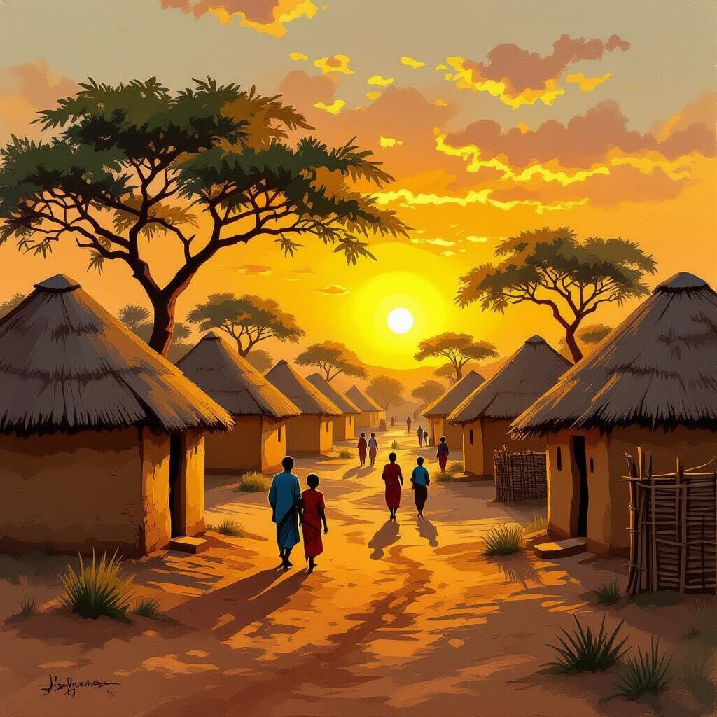 African Village at Dusk in Earthy Tones