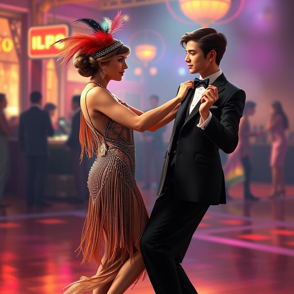 Flapper Girl Dancing Fox Trot in Vibrant, Dreamlike Atmosphe...