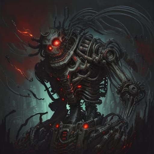 Bio-Mechanical Abomination Unfolds in a Dark, Muted Hues