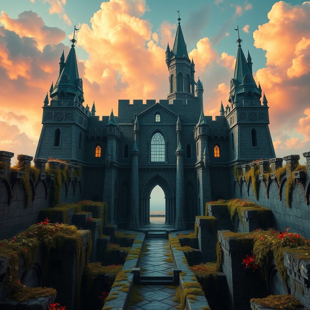 Majestic Castle Labyrinth in Dreamlike Setting