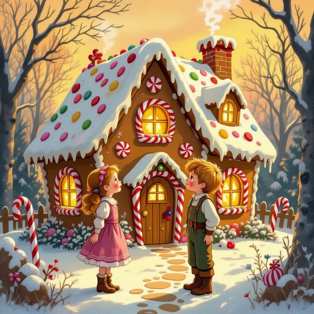 Hansel and Gretel Before a Whimsical Gingerbread House