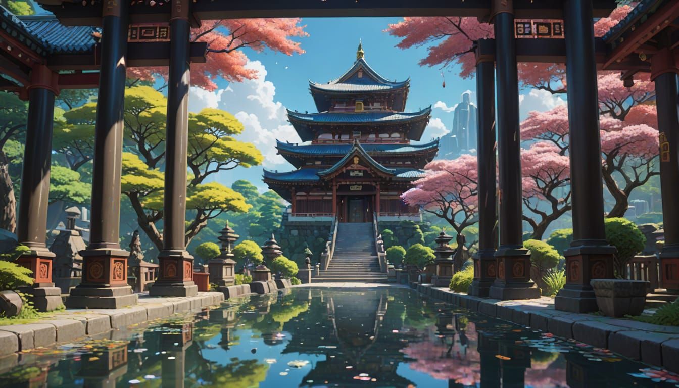 Whimsical Water Temple Scene in Vibrant Colors