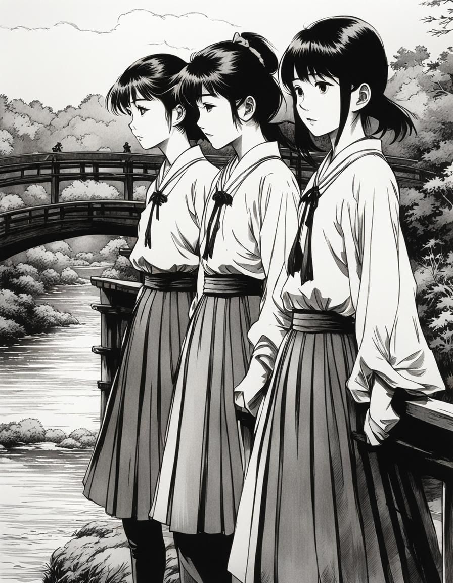 Japanese primary school girls standing on a bridge #1