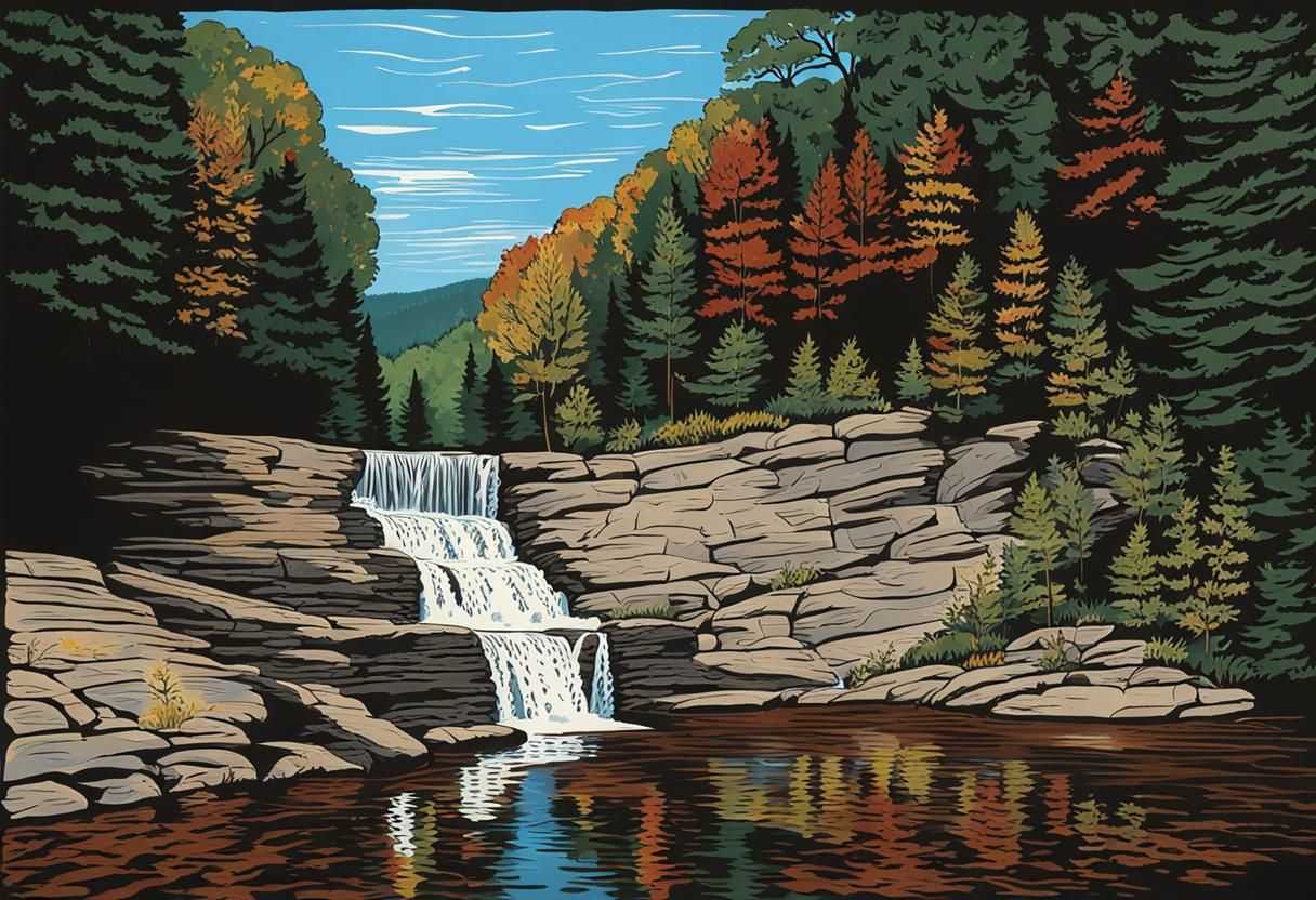 Buttermilk Falls Vermont Woodcut Print