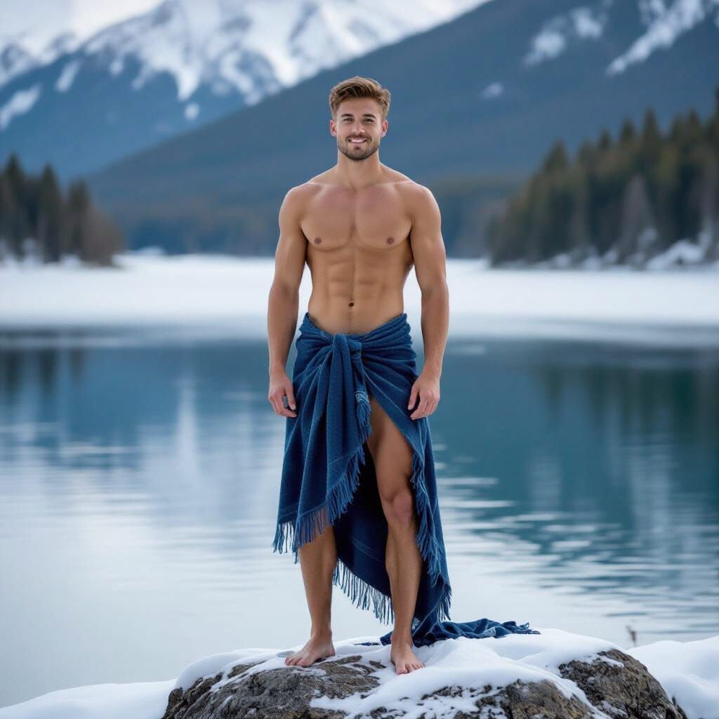 Man in Snow by Calm Lake, Editorial Portrait