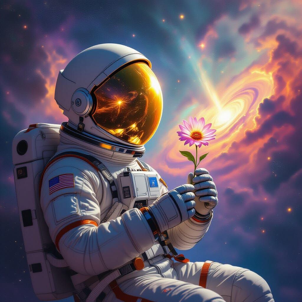Astronaut Adrift in Nebula with Glowing Flower
