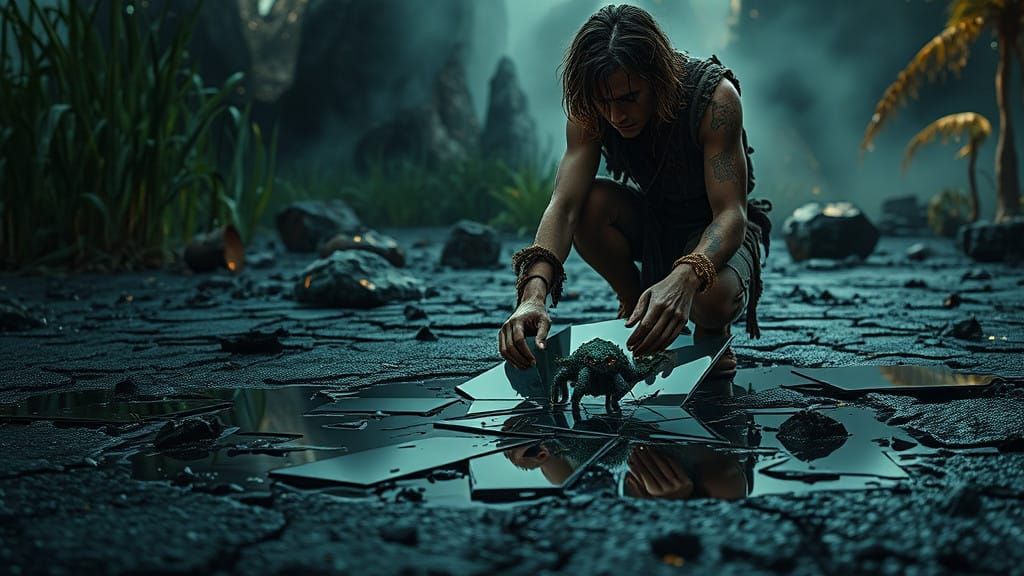 Dystopian Swamp Scene with Mysterious Figure and Myth Creatu...